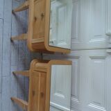 Pair of vintage bedside tables in raw wood, mirrored tops.