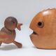 Two door peaks aperitif zoomorphic fish bird solid wood vintage design