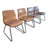 Ensemble de quatre chaises vintage françaises à piètement luge en vinyle beige-taupe, 1976