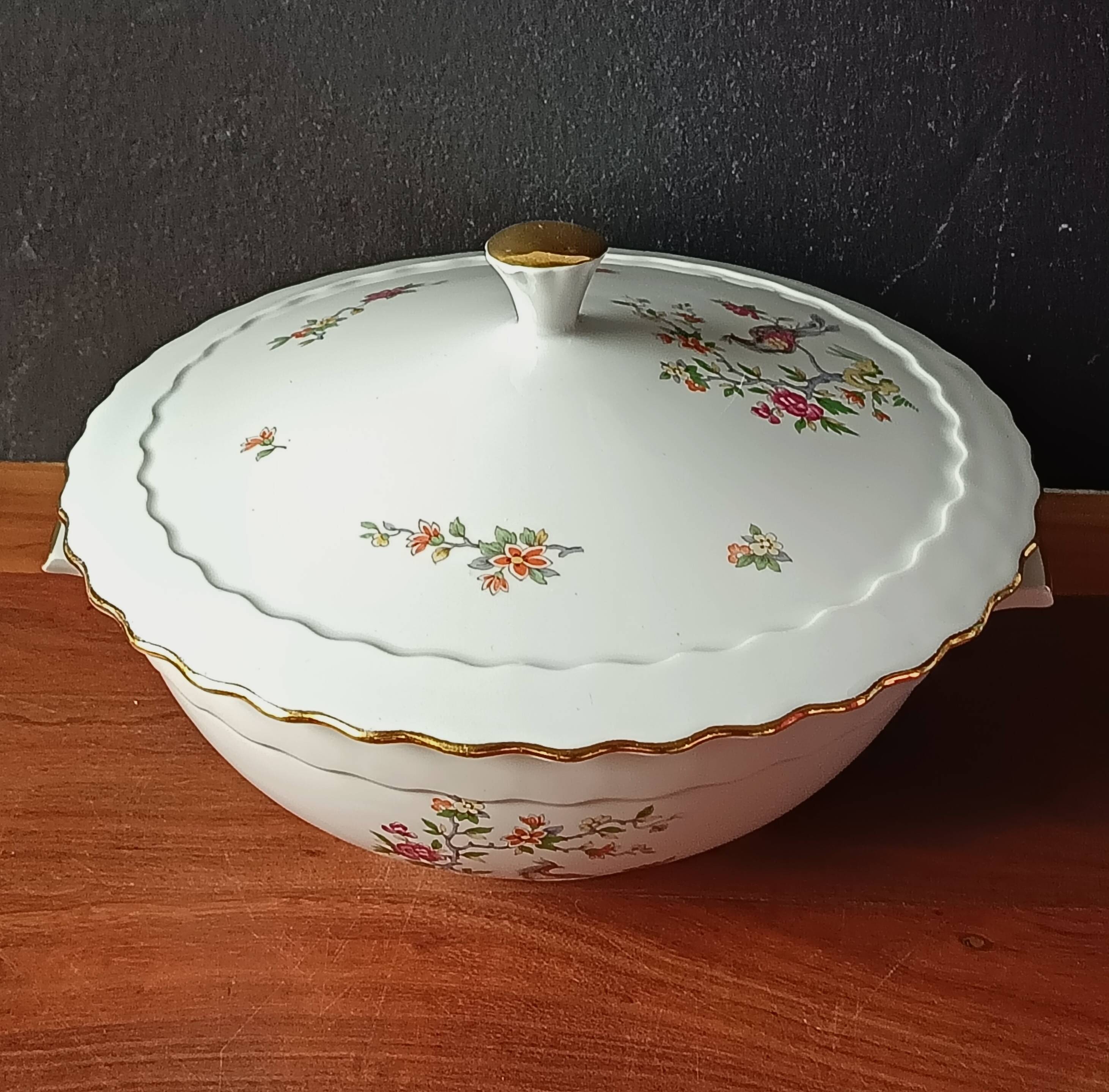 Vintage soup tureen, Vitriam porcelain France, Phoenix on a flowering branch.