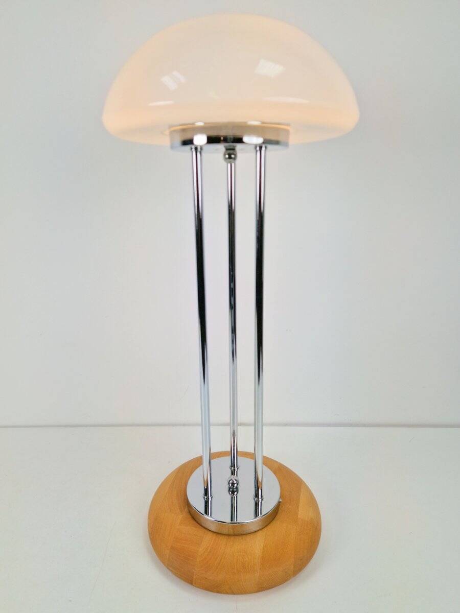 Vintage Mushroom Opaline Glass and Chrome Table Lamp, 1970s