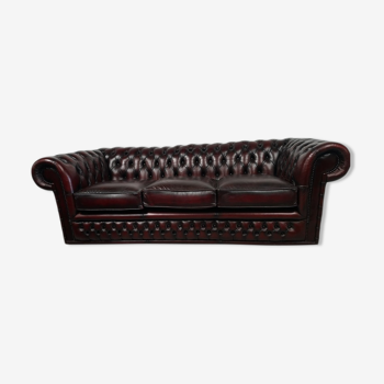 Sofa chesterfield leather burgundy three places bambou