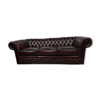 Sofa chesterfield leather burgundy three places bambou