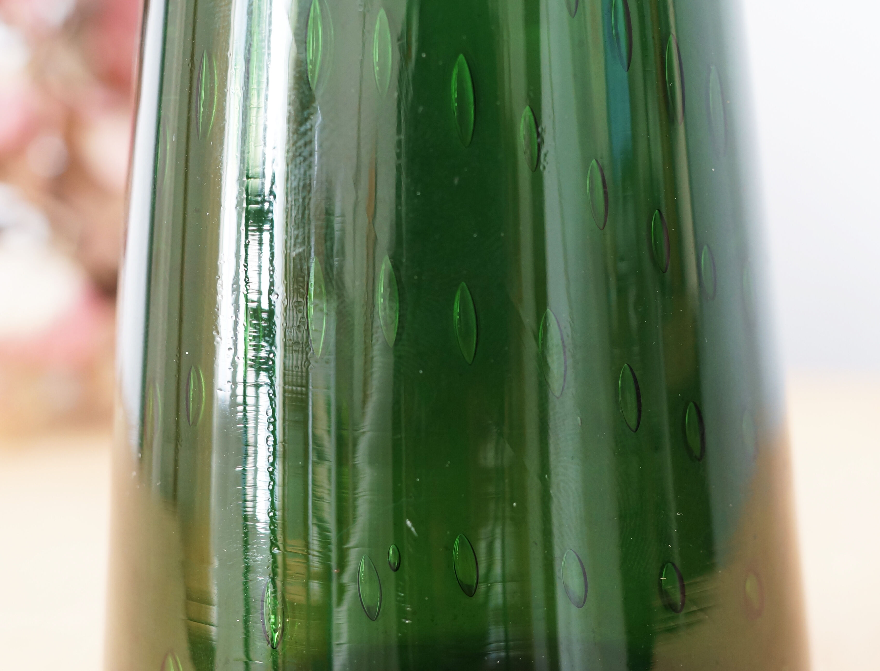 Green glass vase, bubbled blown glass, vintage