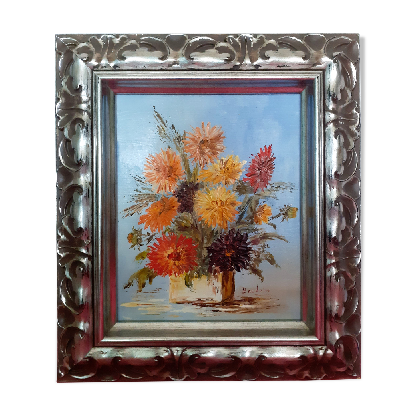Ancient oil on canvas signed flower motif very beautiful silver framing