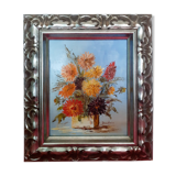 Ancienne huile sur toile signée motif fleurs très bel encadrement argenté