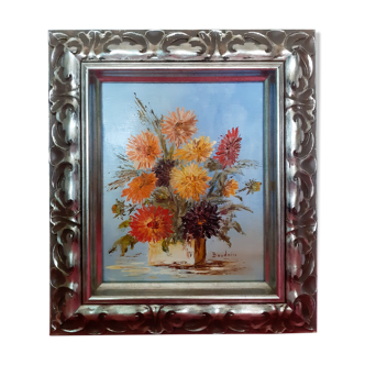 Ancient oil on canvas signed flower motif very beautiful silver framing