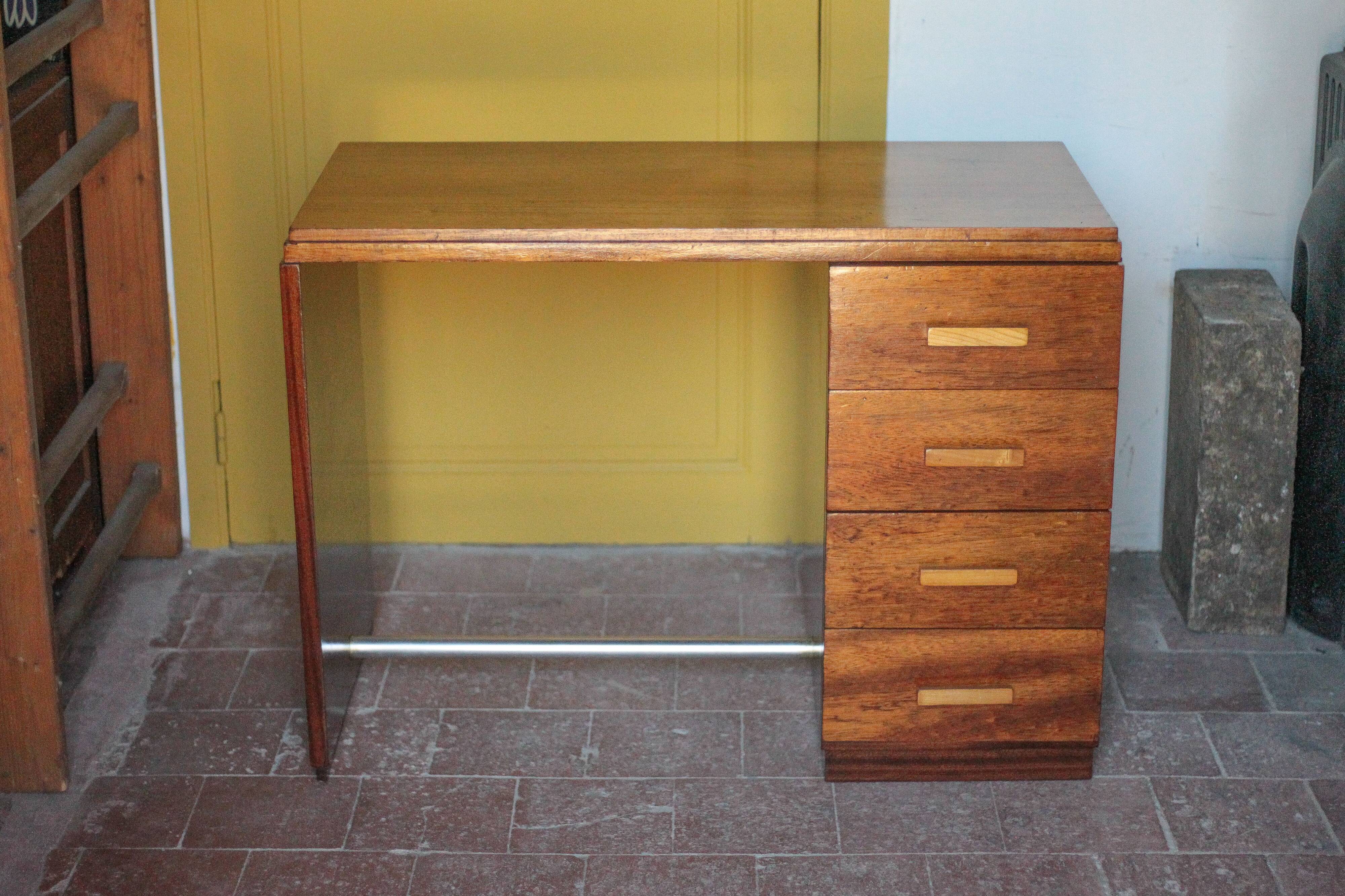 Vintage desk, wooden Art Deco desk from the 1930s, desk with drawers.