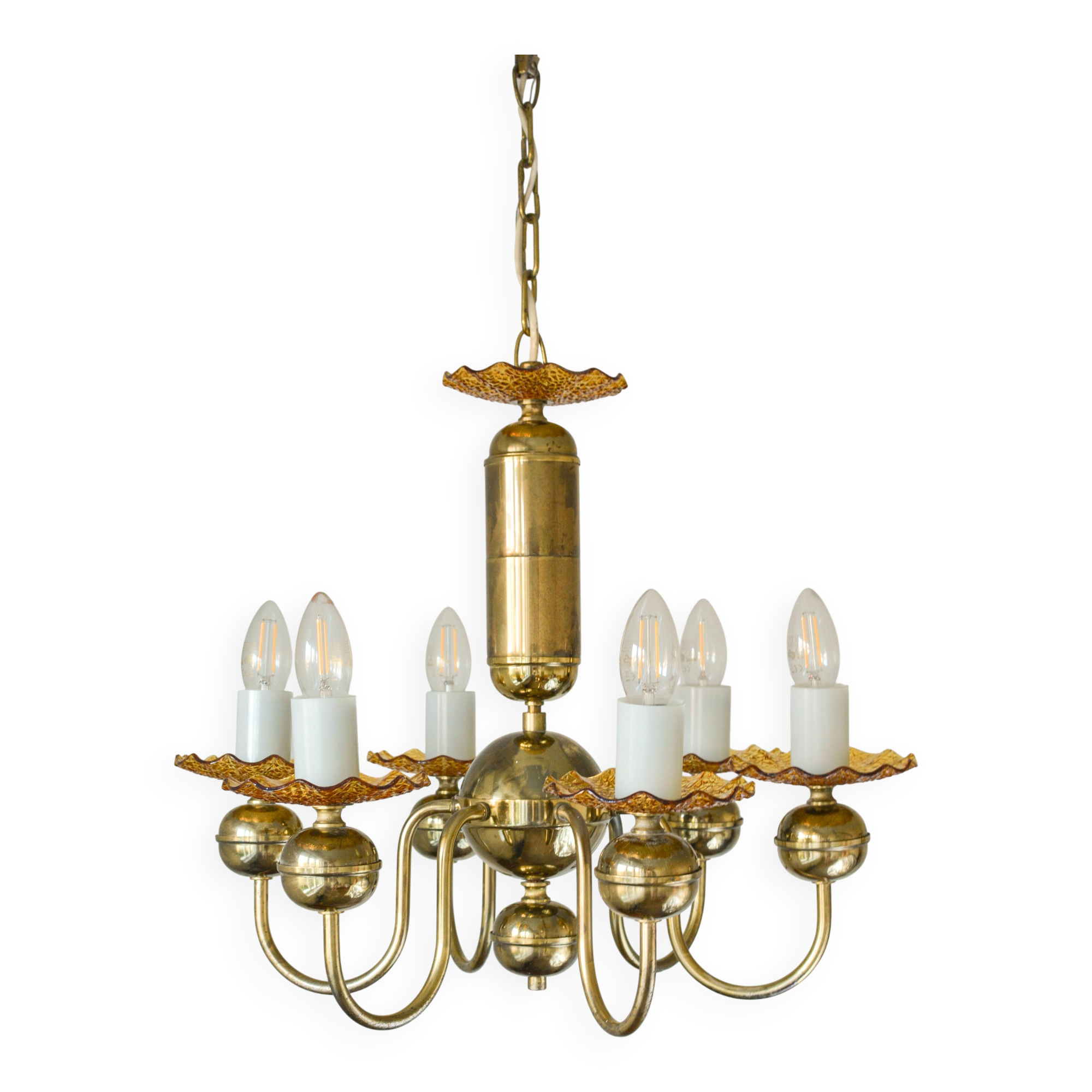 Vintage lustre Kamenický Šenov in amber glass and gold metal – Czechoslovakia