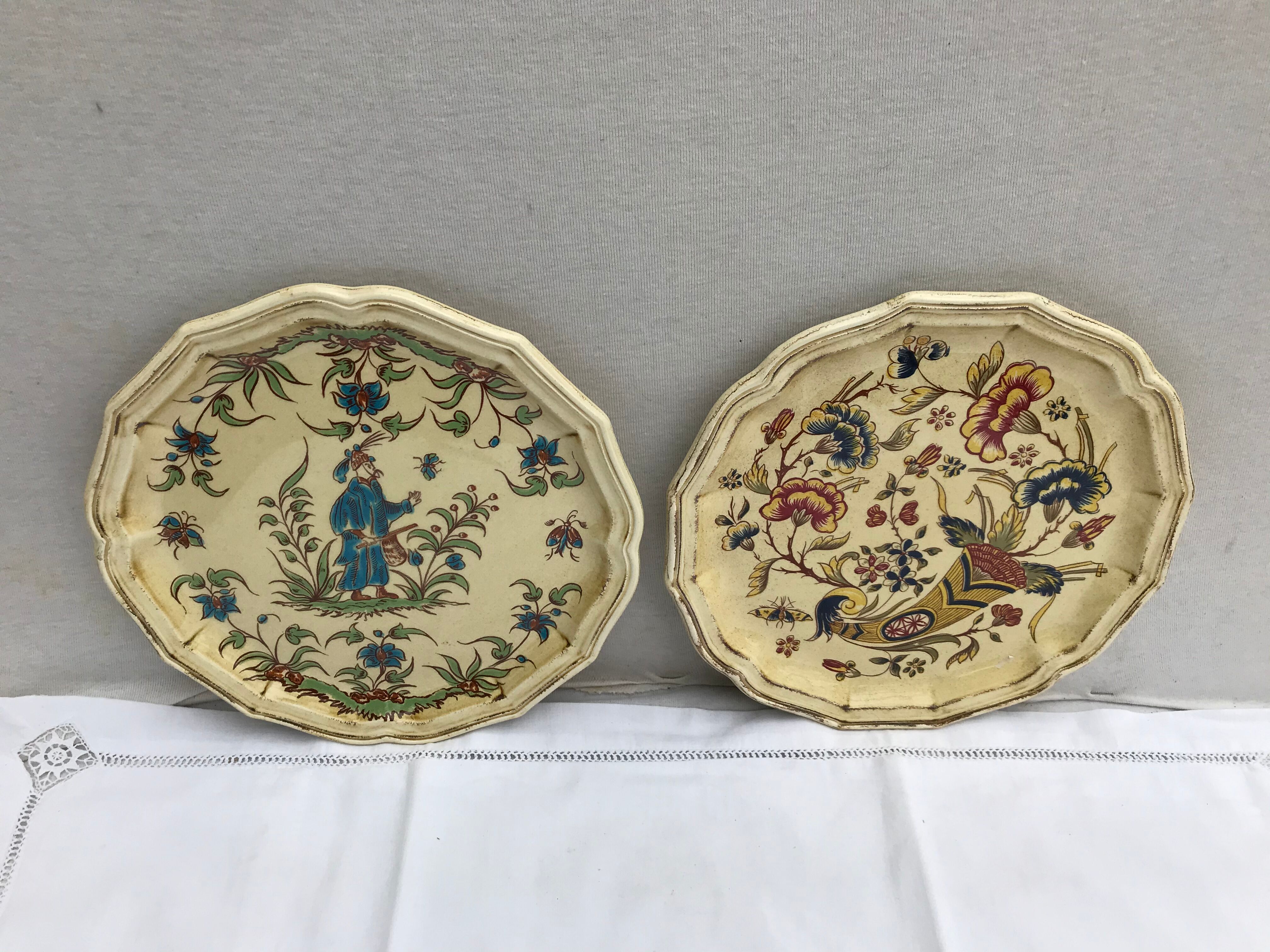 Pair old plate Moustiers Salins ceramics painted france vintage