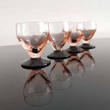 4 art deco liqueur glasses in smoked salmon glass with black base