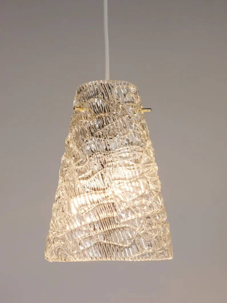 J.T. Kalmar Mid-Century Textured Glass & Brass Pendant Lamp, Austria, 1950s
