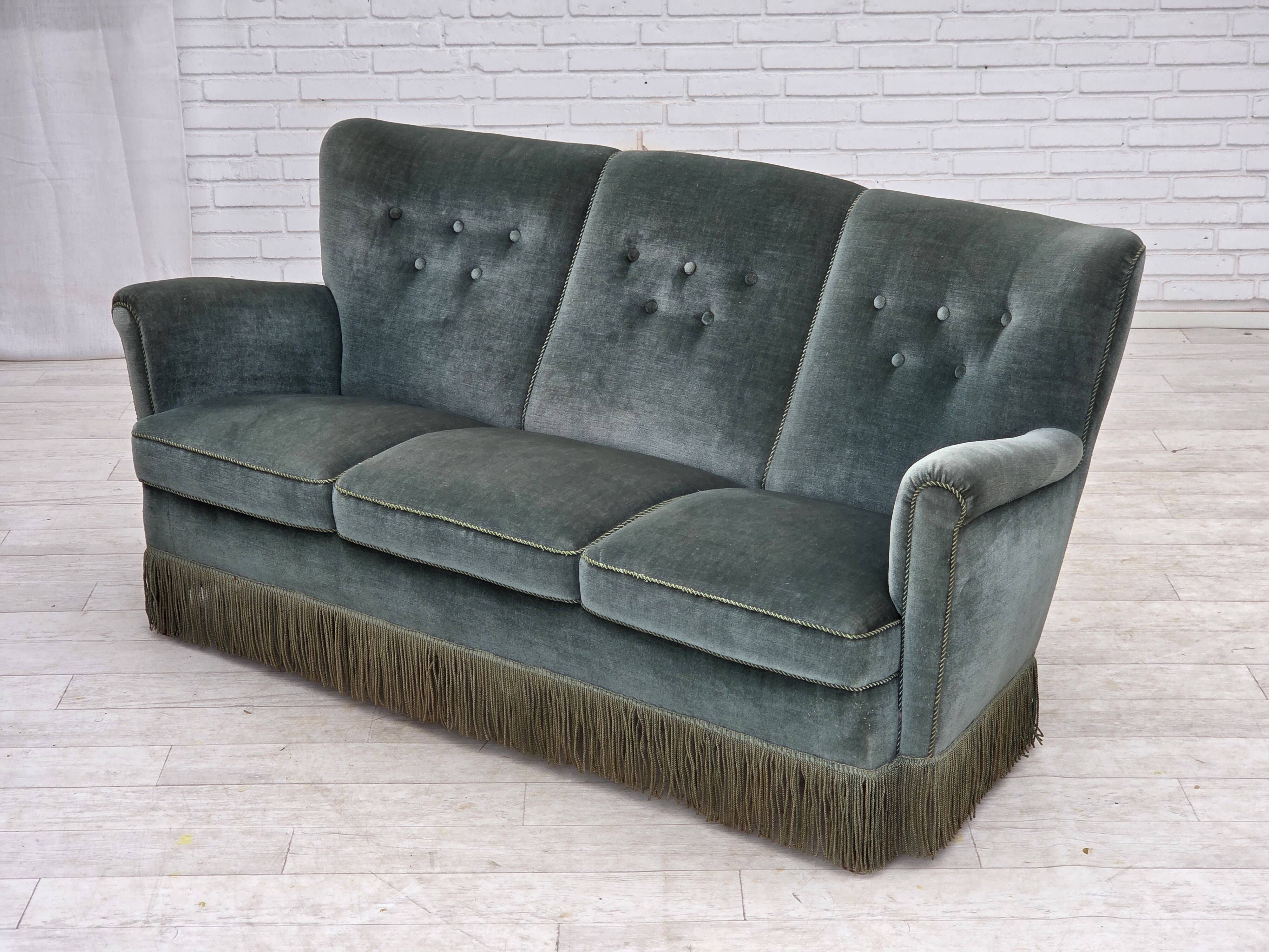 1960s, 3-seater Danish sofa, green furniture velour.