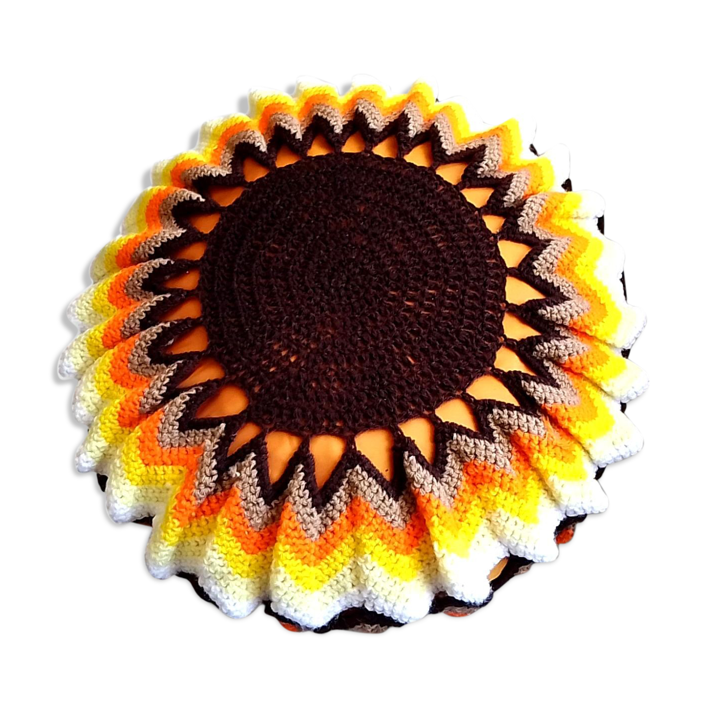 Vintage multi-coloured fabric and wool cushion