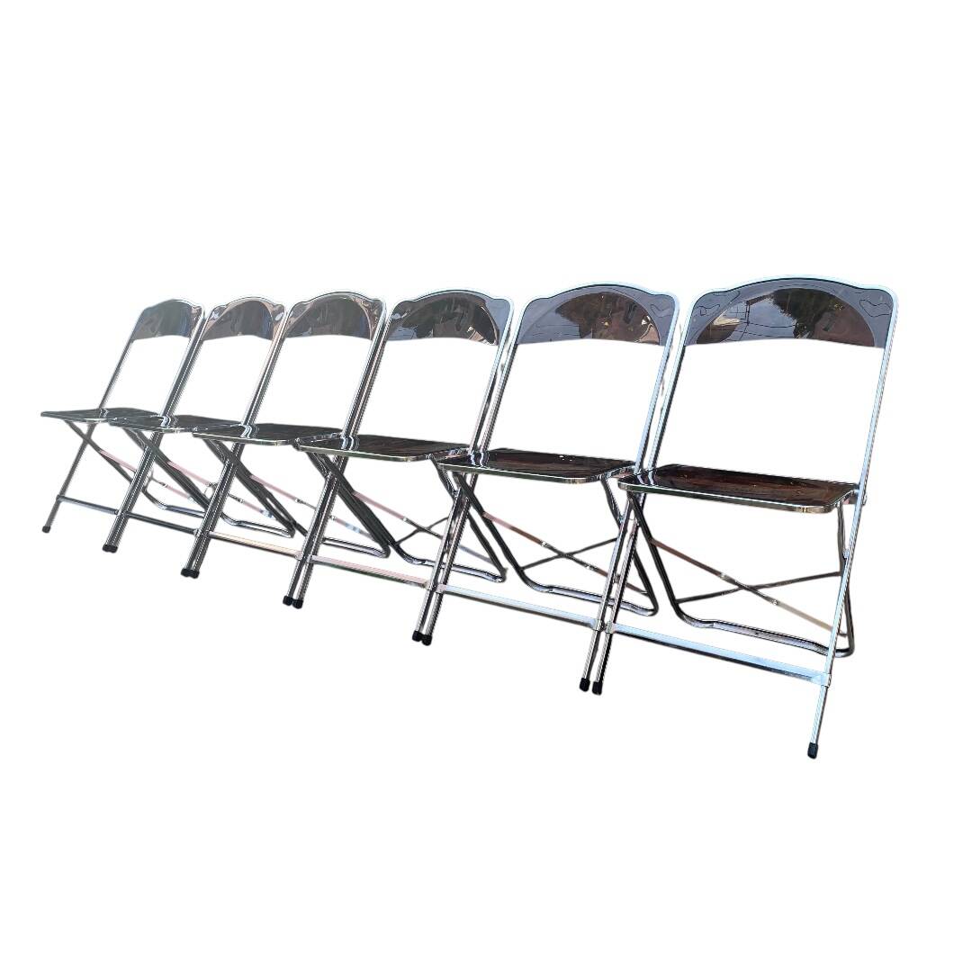 6 chaises pliantes en Plexiglas fumé et métal chrome Chaisor 1970
