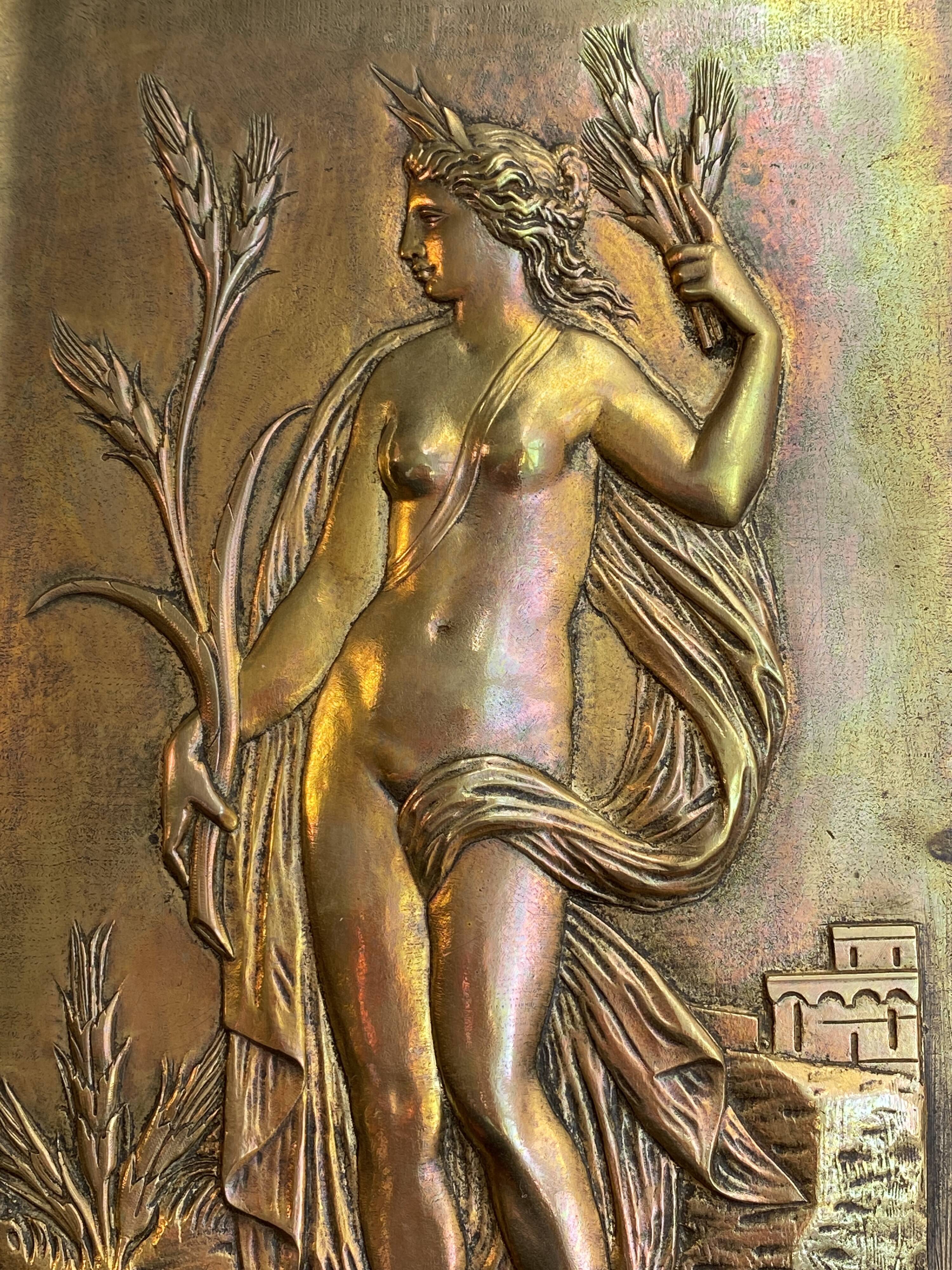 Pair of bronze bas-reliefs on the theme of the 4 seasons, spring and summer