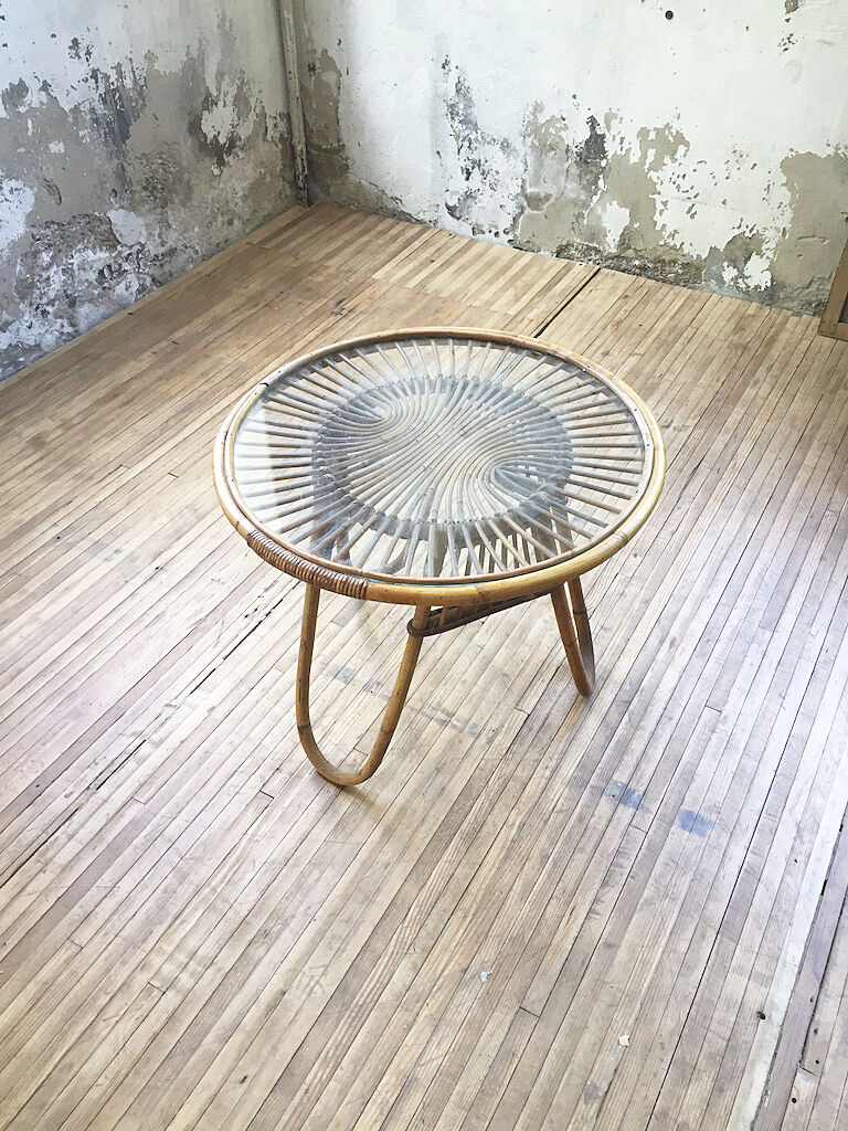 Vintage glass and rattan table