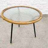 Mid-Century Set of Three Round Rattan and Glass Side Tables, 1960s