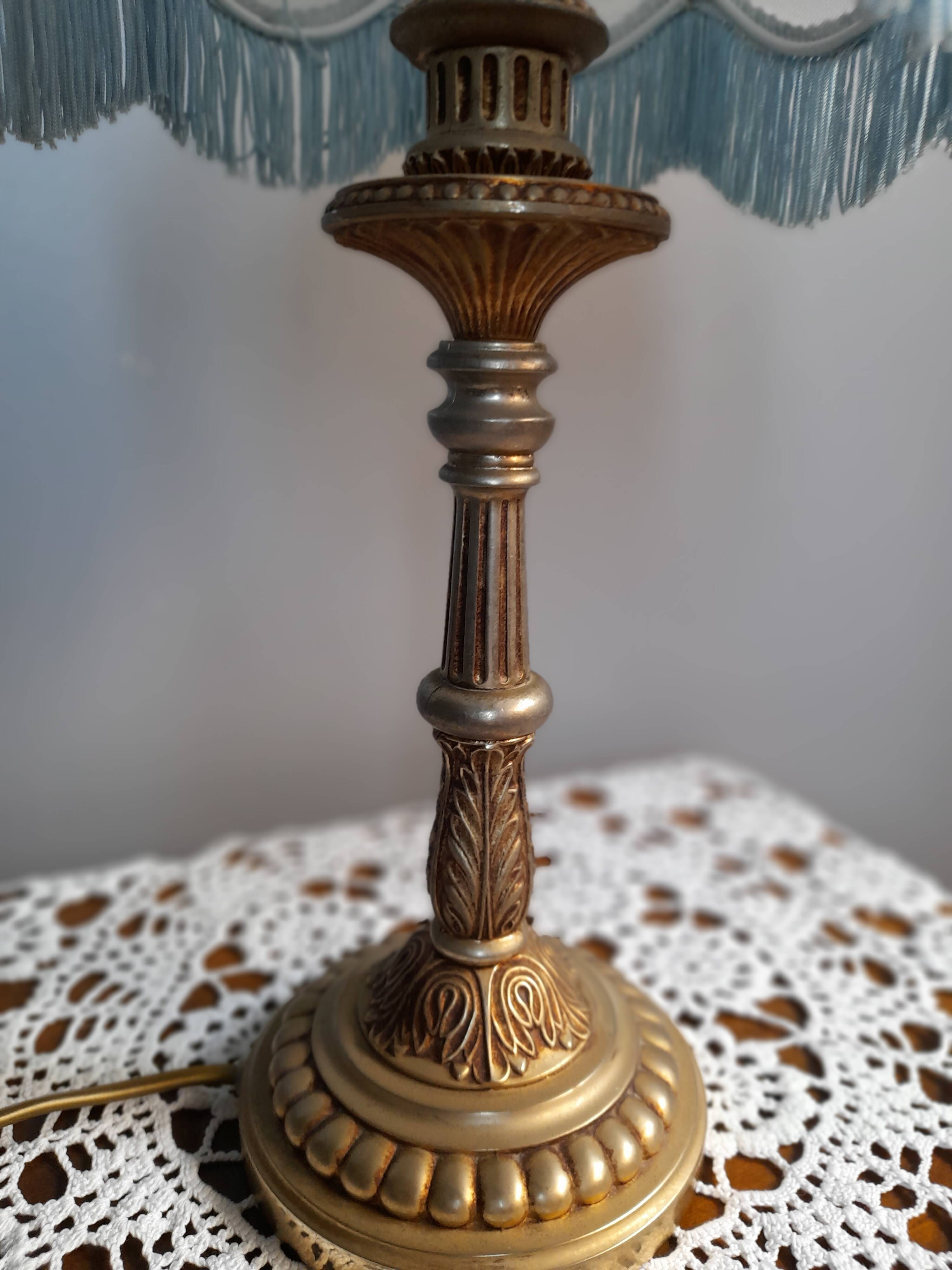 Table lamp bronze foot lampshade pagoda white and blue 50s