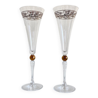 Pair crystal Godiva champagne glasses