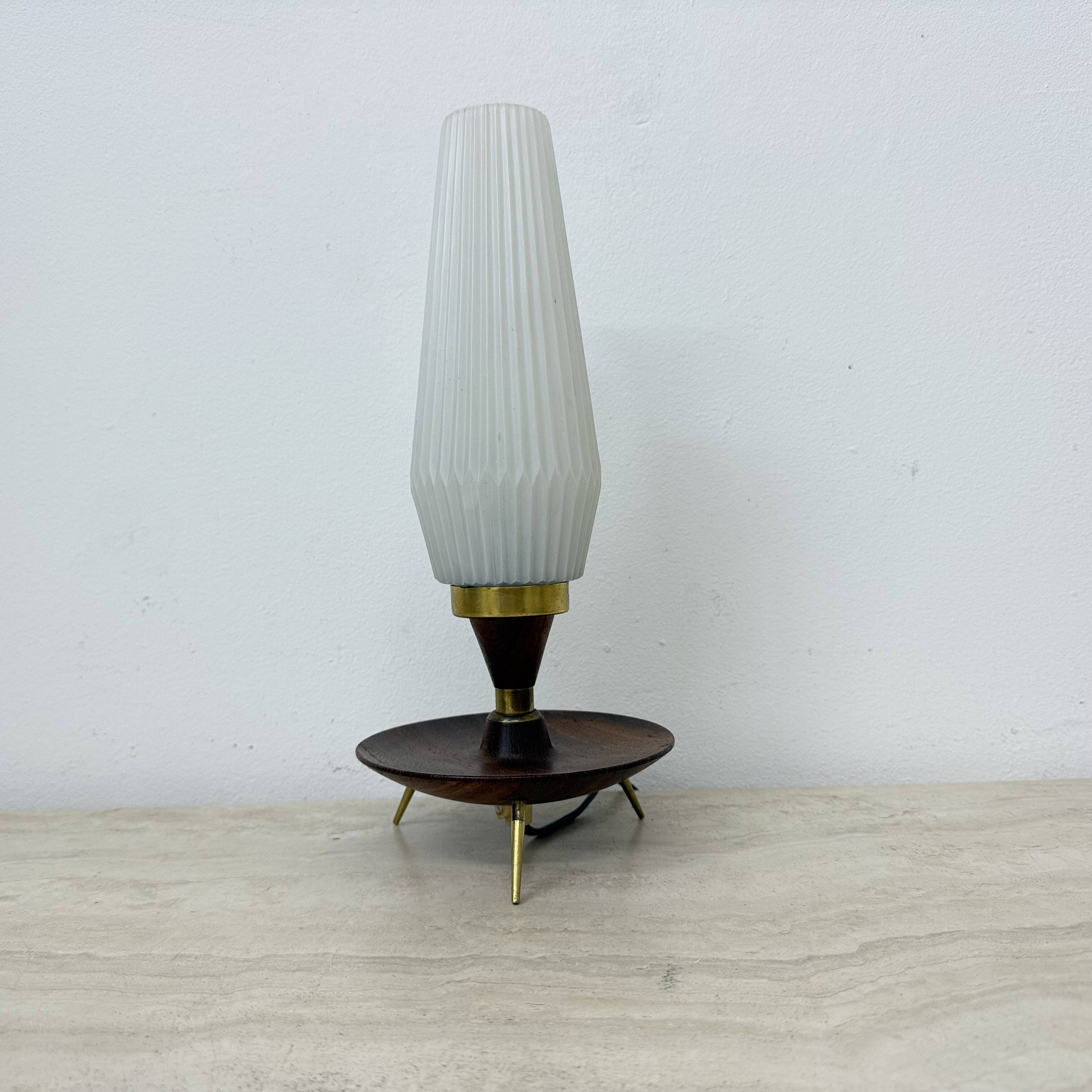 Vintage tripod teak base with opaline glass shade table lamp , 1950s
