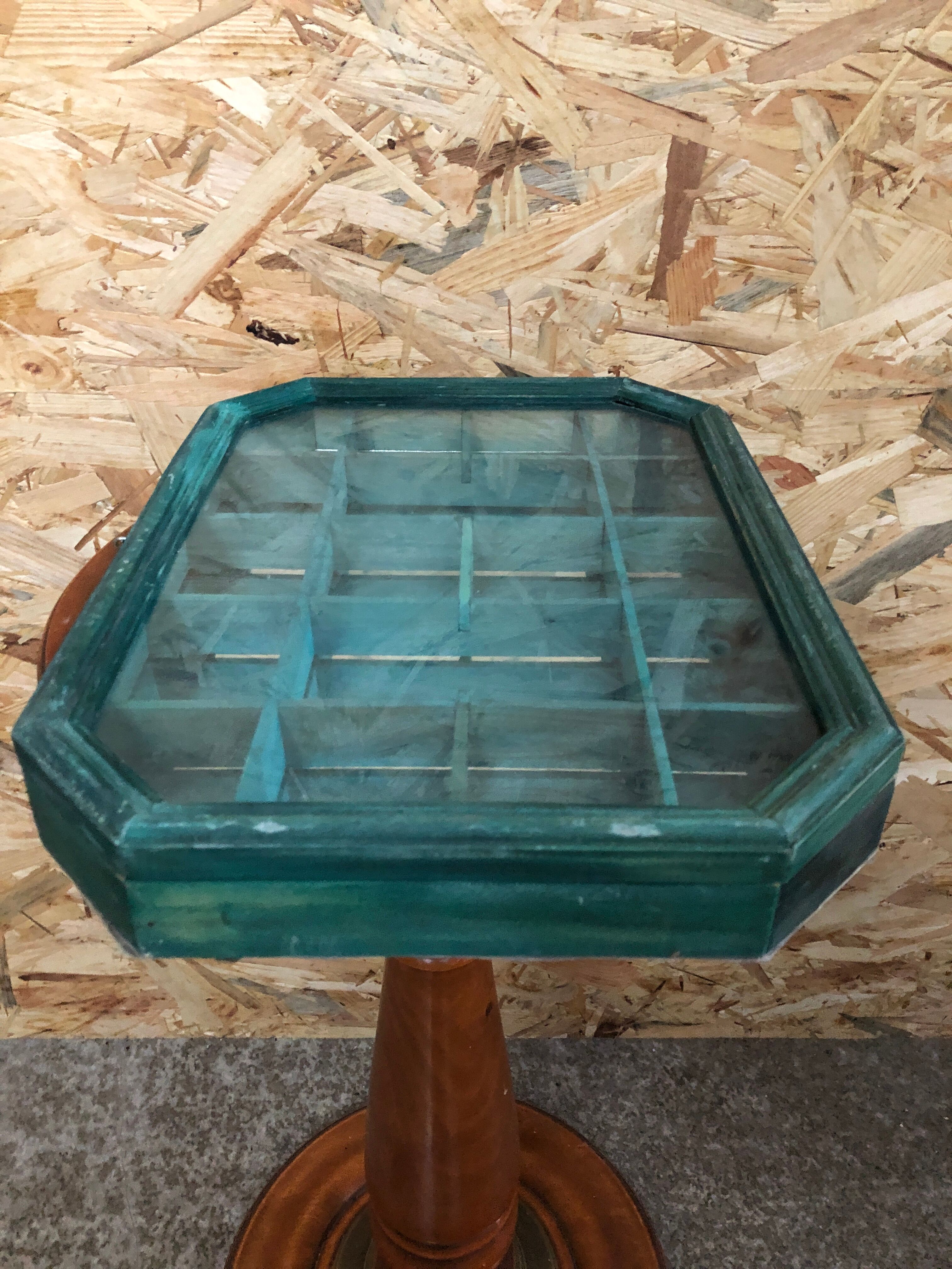 Old hanging showcase 18 green wood boxes + mirror + vintage glass door