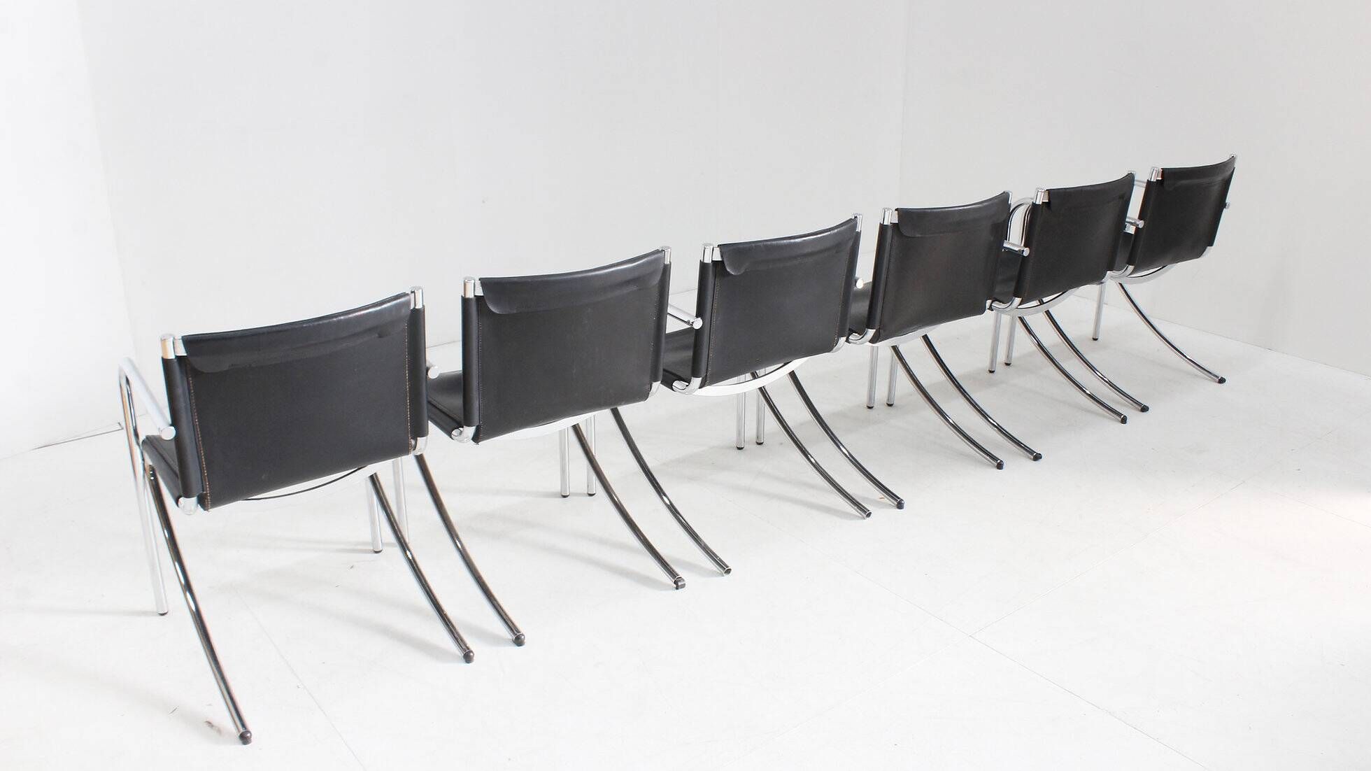 Giotto Stoppino black leather and chrome vintage dining chairs model Jot