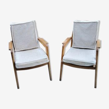 Paire de fauteuils des années 50  free-span en hêtre blond