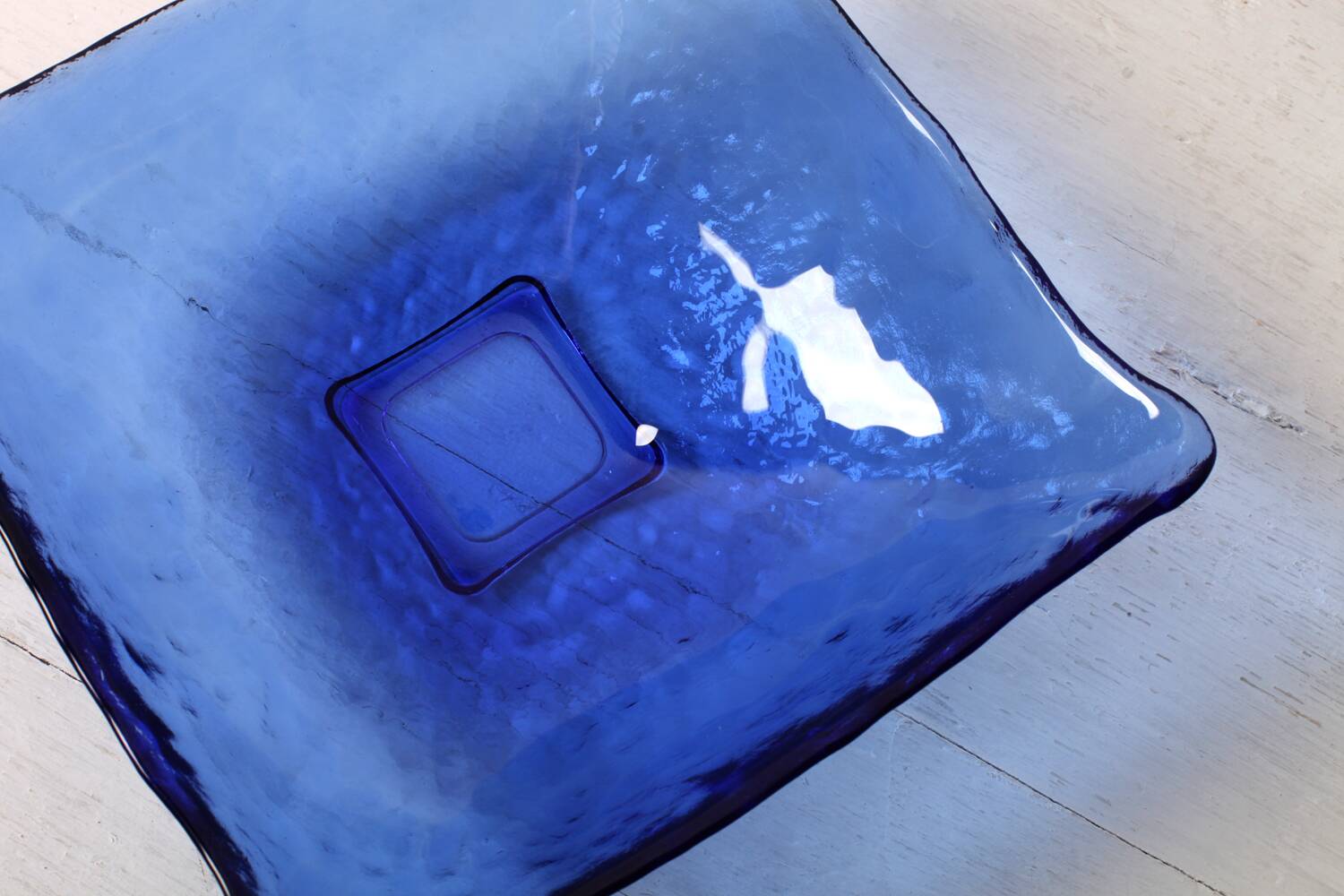 Vintage Square Cobalt Blue Glass Bowl, Italian Glass Tray / Italy / 1970s