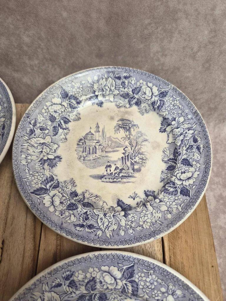 Set of 8 antique English dessert plates by J. Marshall & Co Bosphorus purple earthenware 19th century.