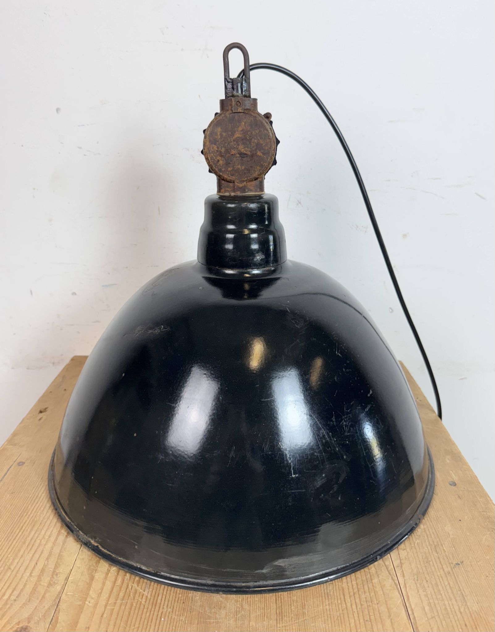 East German Black Enamel Factory Light by Lbd Veb Leuchtenbau Dresden, 1950