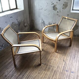 Danish sofa and armchairs curved wood and leather