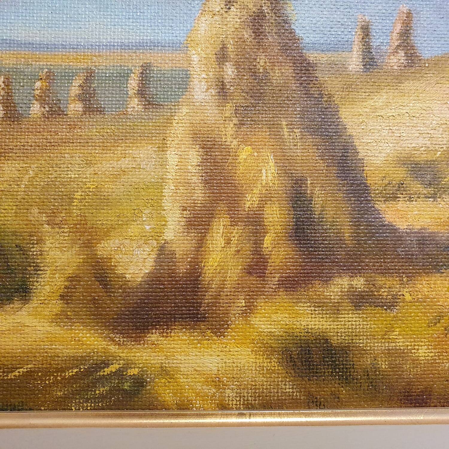 Oil painting on wood, harvest landscape