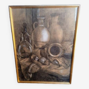 Tableau nature morte fusain et craie ep 1940/50