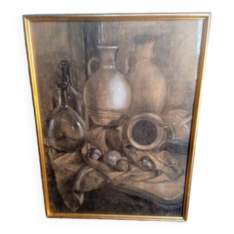 Tableau nature morte fusain et craie ep 1940/50