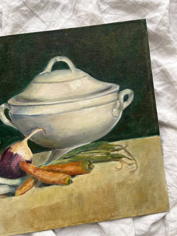 Peinture ancienne sur carton entoilé ''La Soupière'' signée Anne Marie Beiruet