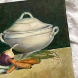 Old painting on canvas board "La Soupière" signed Anne Marie Beiruet