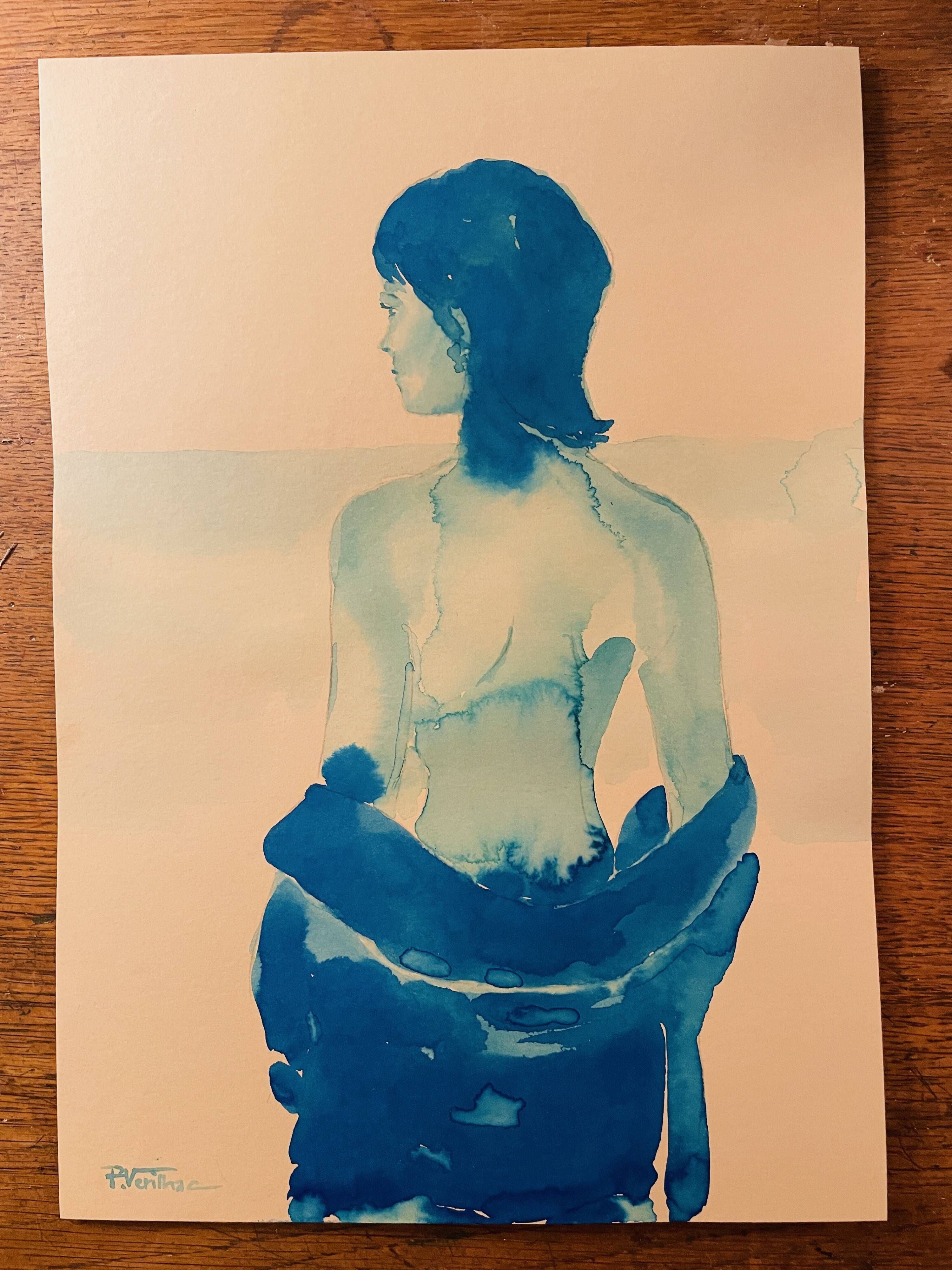 Signed monochrome blue painting of a female portrait "Weekend in Capri" Italy