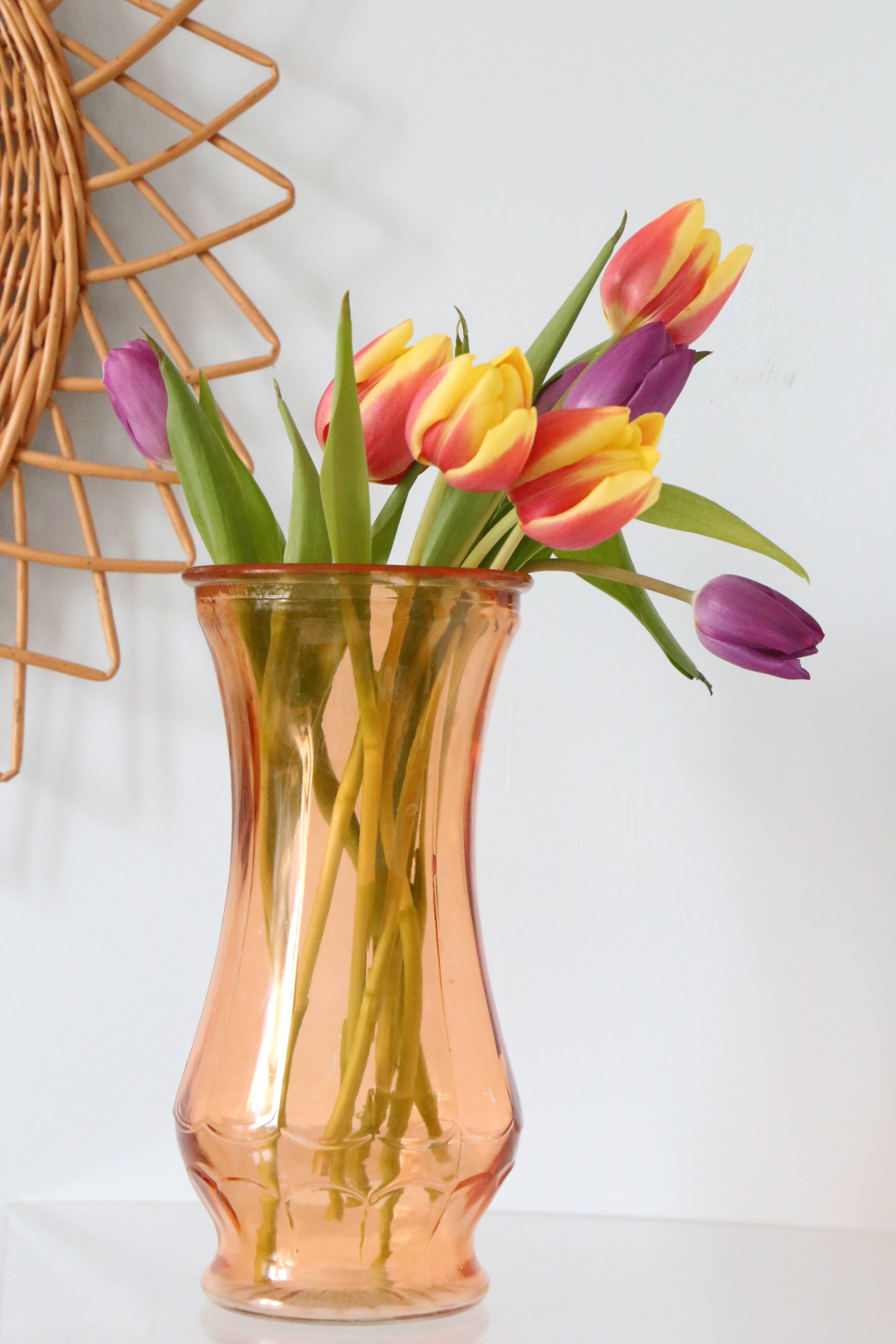 Large glass vase, apricot, French vintage, authentic