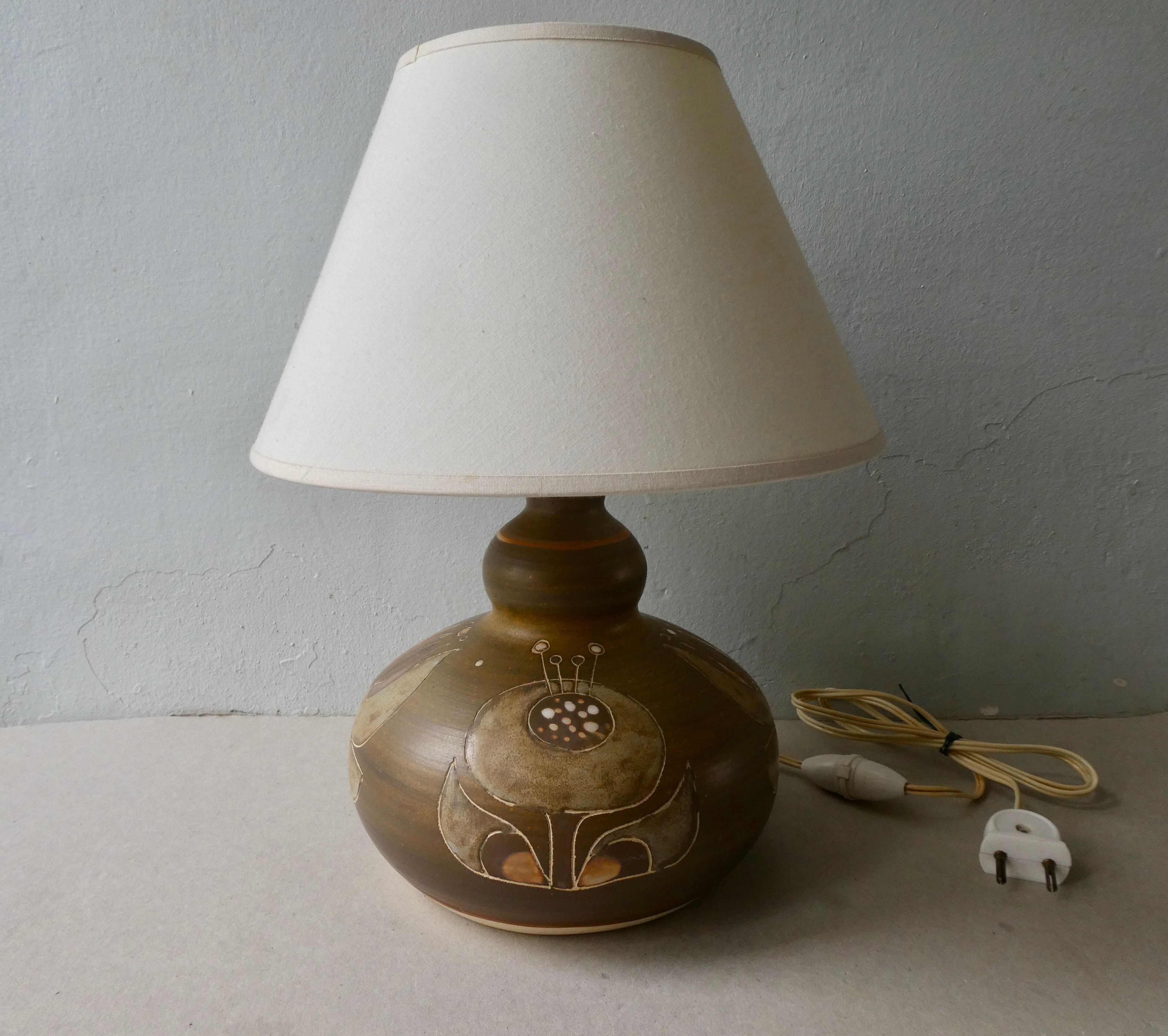 Ceramic lamp from the 60s, decoration flowers, Scandinavian, signed