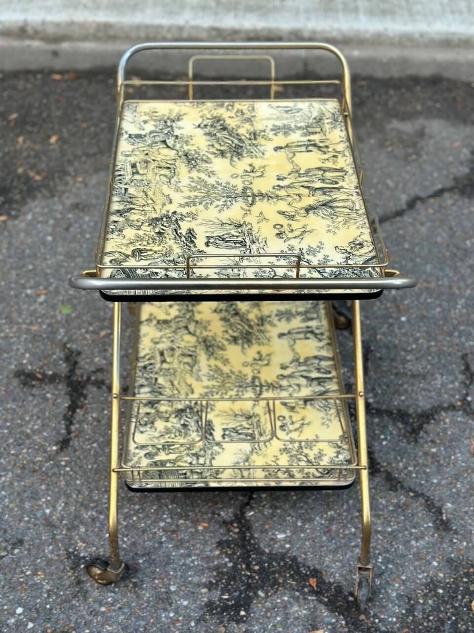Vintage gold folding wheeled dessert trolley Toile de Jouy 1970s bar furniture