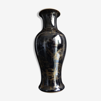 Ancient Chinese vase black porcelain with birds phoenix kangxi mark 19th