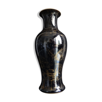 Ancient Chinese vase black porcelain with birds phoenix kangxi mark 19th
