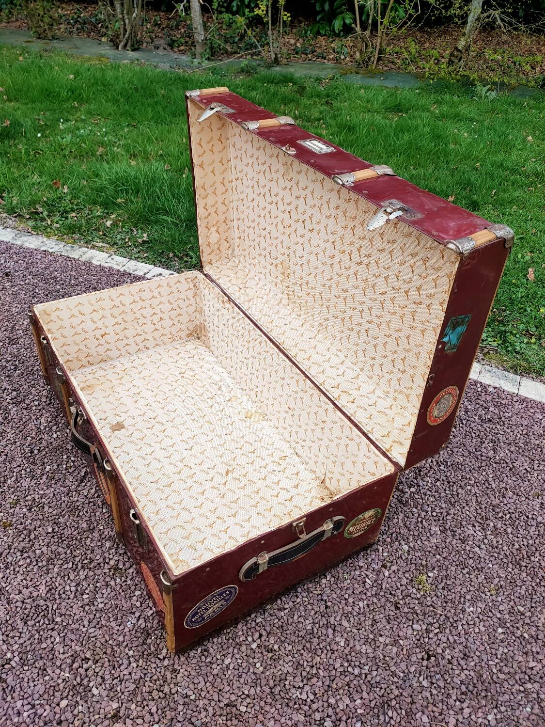 Old metal and wood travel trunk