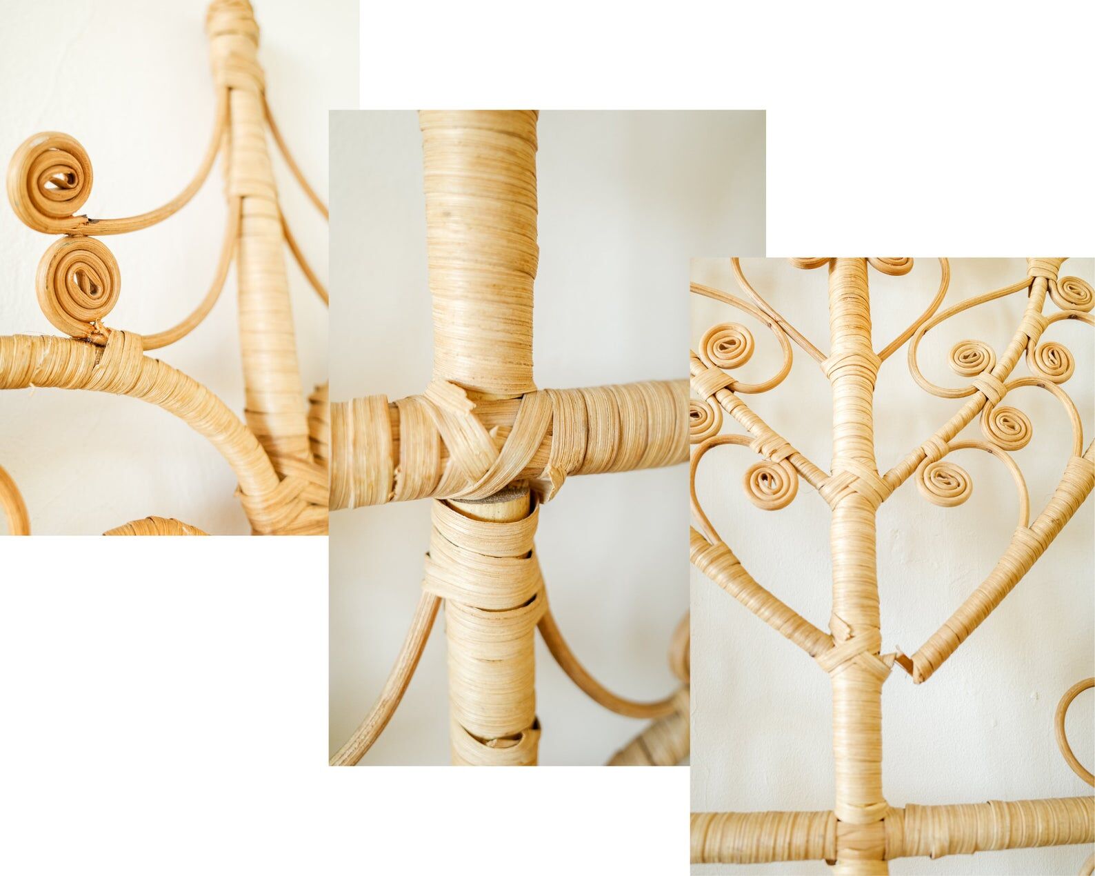 Bamboo wicker 1970s heart design 3 panel room divider