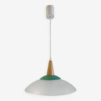 Scandinavian style pendant light in glass and wood - late 20th century