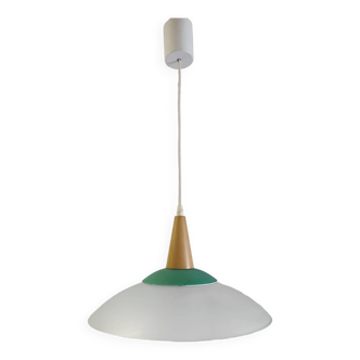 Scandinavian style pendant light in glass and wood - late 20th century