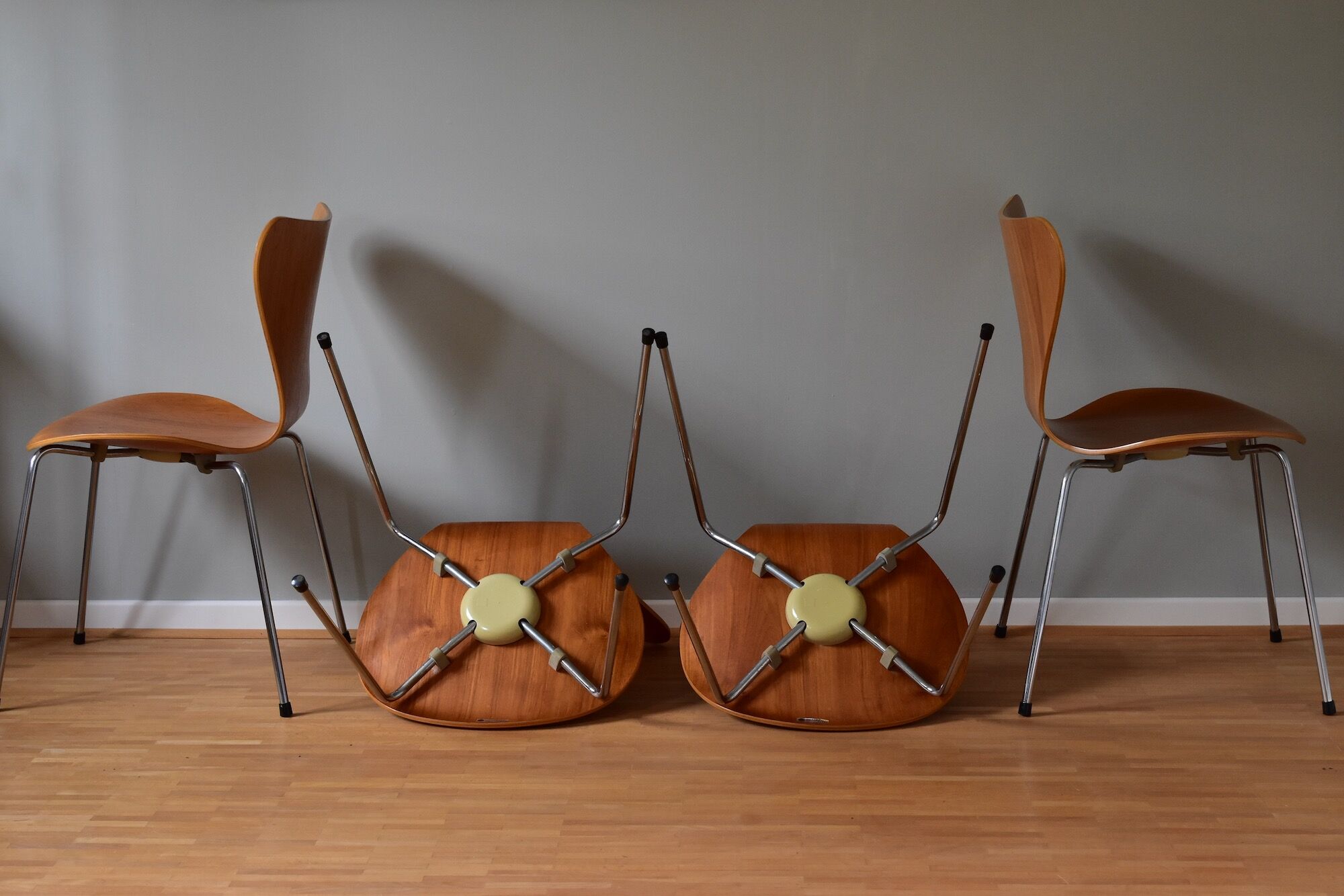 Set of Four Teak 3107 Dining Chairs by Arne Jacobsen for Fritz Hansen Denmark