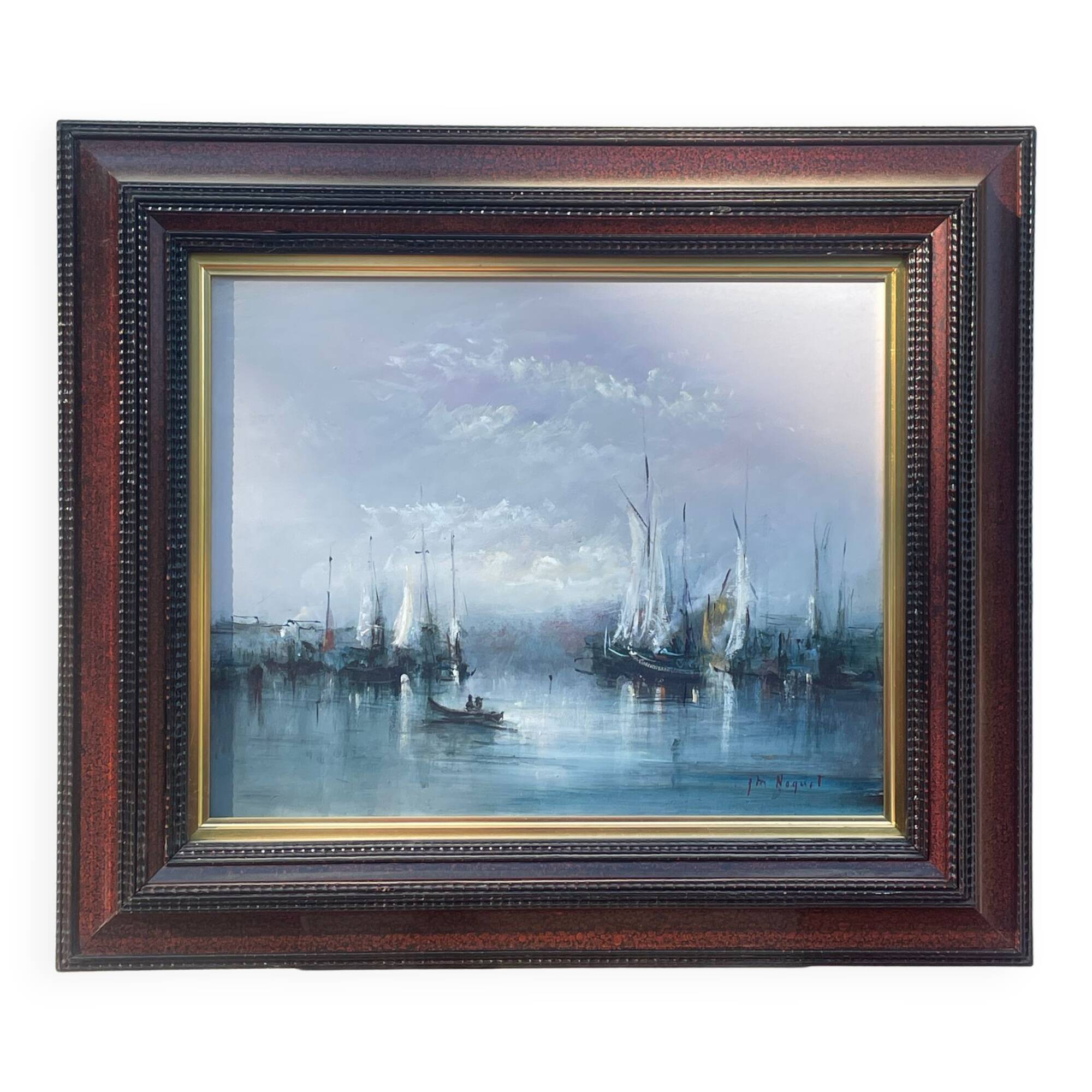 Oil on animated marine panel, moored boats signed Noquet