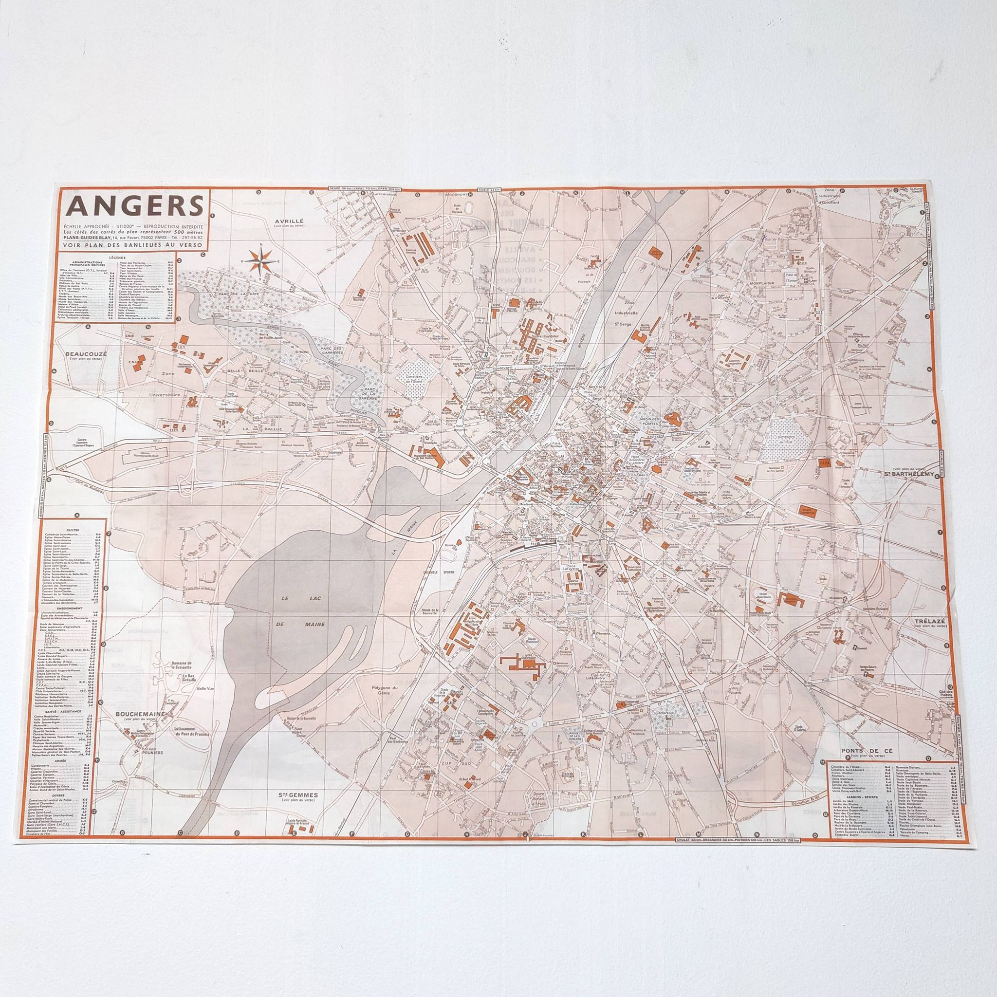 Angers vintage map 74x54cm